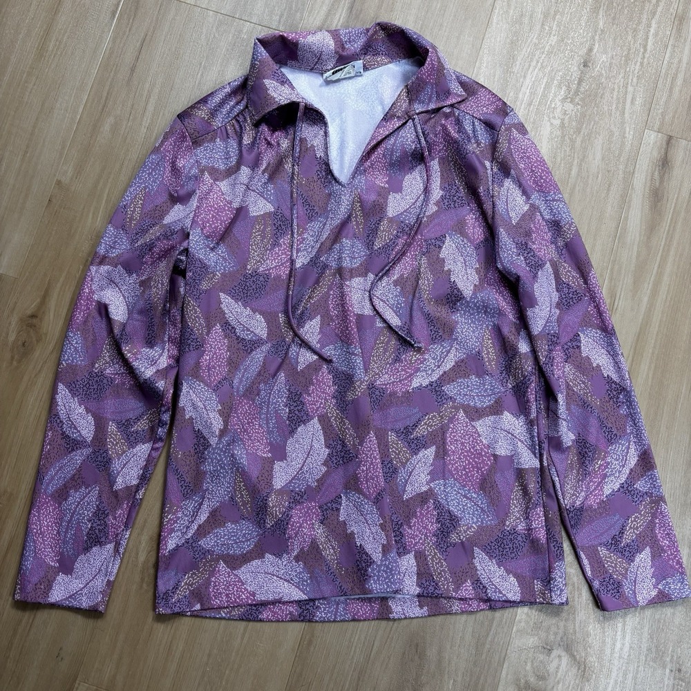 VTG 70s Ko Ko Knit Women's Long Sleeve Shirt Size 12 Floral Leaves Artsy Purple